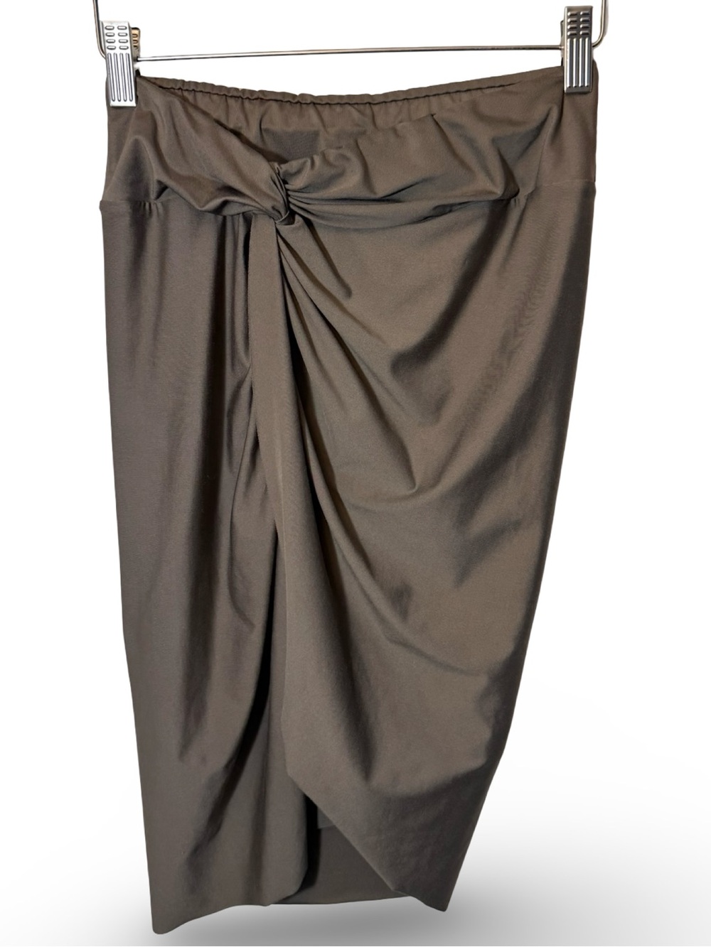 VENUS Knot-Front Draped Midi Skirt in Taupe